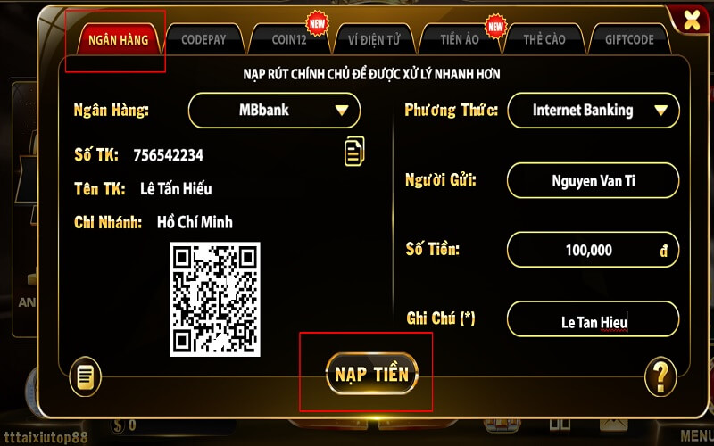 Nạp tiền qua ngân hàng Top88