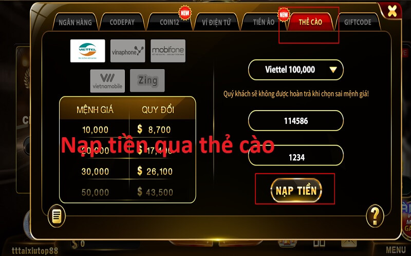 Nạp tiền qua Thẻ cào Top88