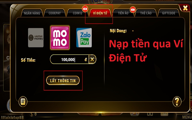 Nạp tiền qua Ví điện tử Top88